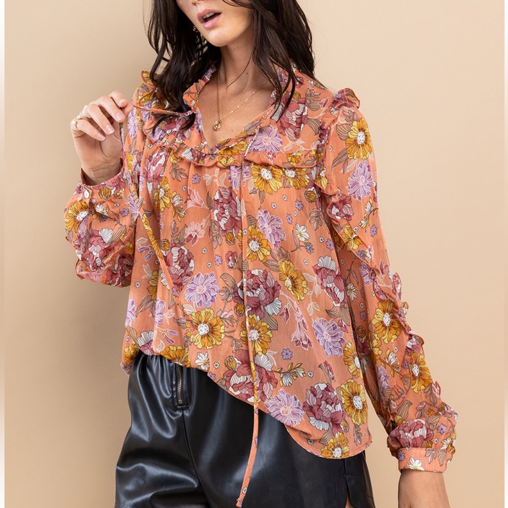 35 Boho Flower Print Front Tie Blouse
